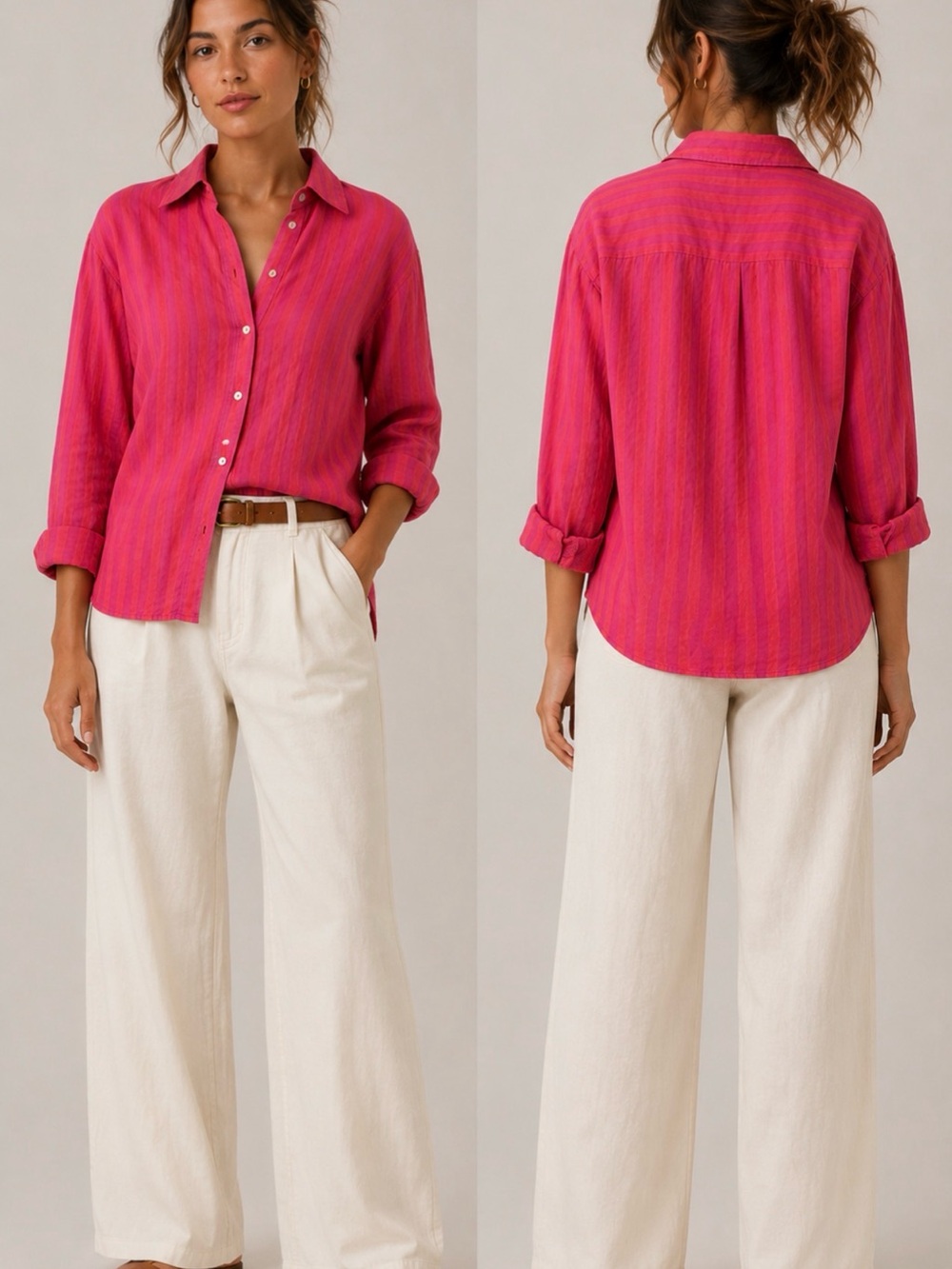 NWT Nicole Miller New York 100% Linen Striped Button Down Shirt Pink Orange M